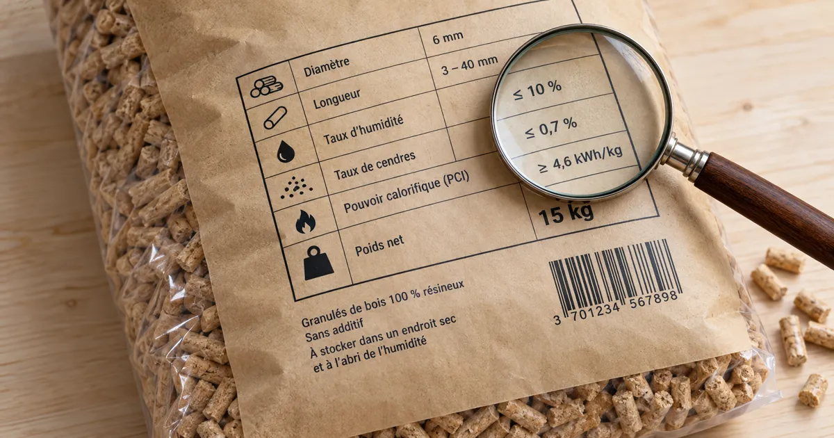 Loupe sur l’étiquette technique d’un sac de pellets